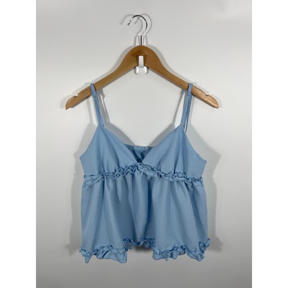 Y2K Womens Babydoll Crop Top XL Blue Ruffle Boho Coastal Euro Summer Chic